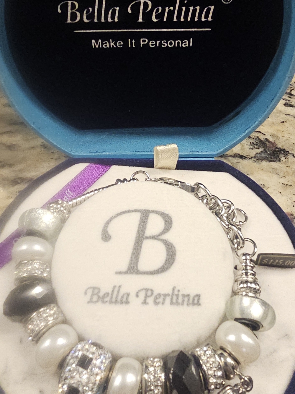 Bella Perlina Silver & Black Charm Bracelet with Pearls